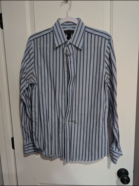 Express Men's Light Blue and Navy Striped Dress Shirt